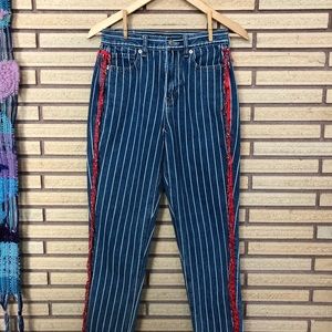 Denim Pin Stripe Jeans with Vintage Fringe - American Eagle Mom Jeans - Waist 26